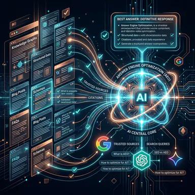 Ilustração do artigo: Guia de Otimização para IA (AEO): Como fazer seu site ser citado pelo ChatGPT e Gemini